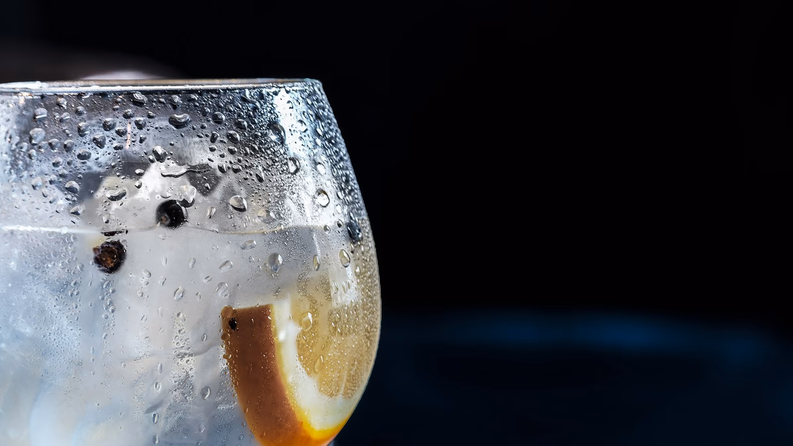 Close-up of a chilled gin and tonic with citrus and juniper berries